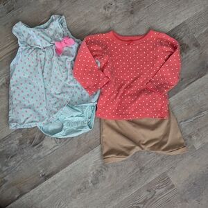 Baby 9m Outfit Pink Teal Pastel Dress Bodysuit Shirts Tan 3pc Long Sleeve Print
